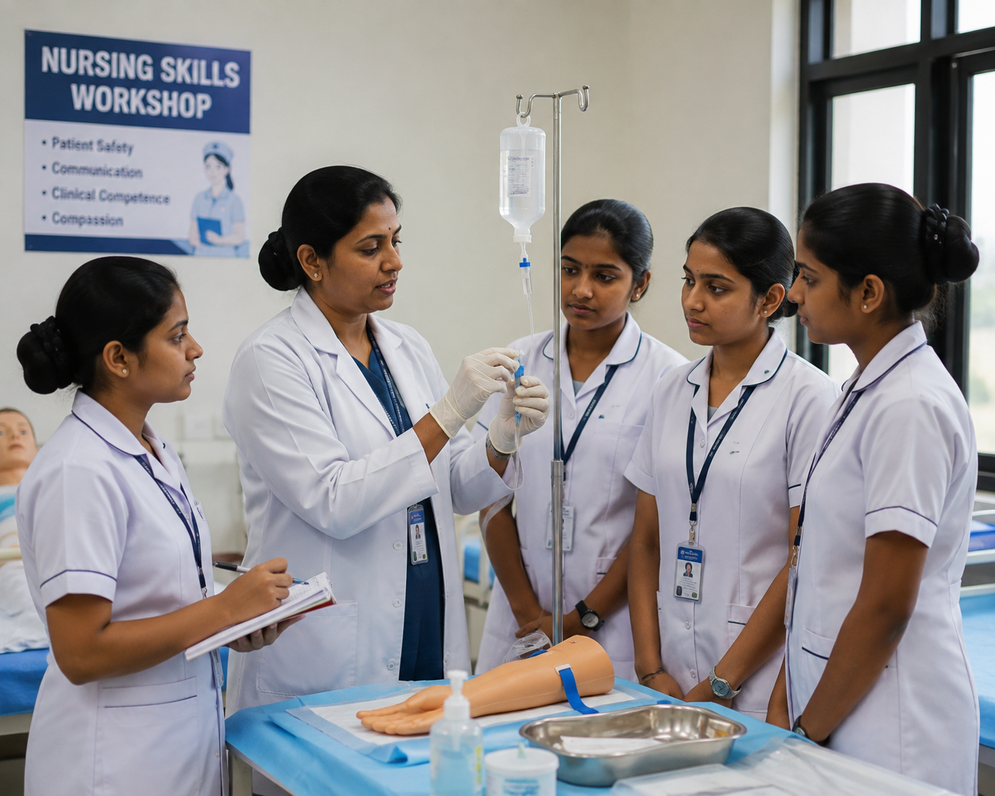 Clinical instructor guiding nursing students during a skills workshop